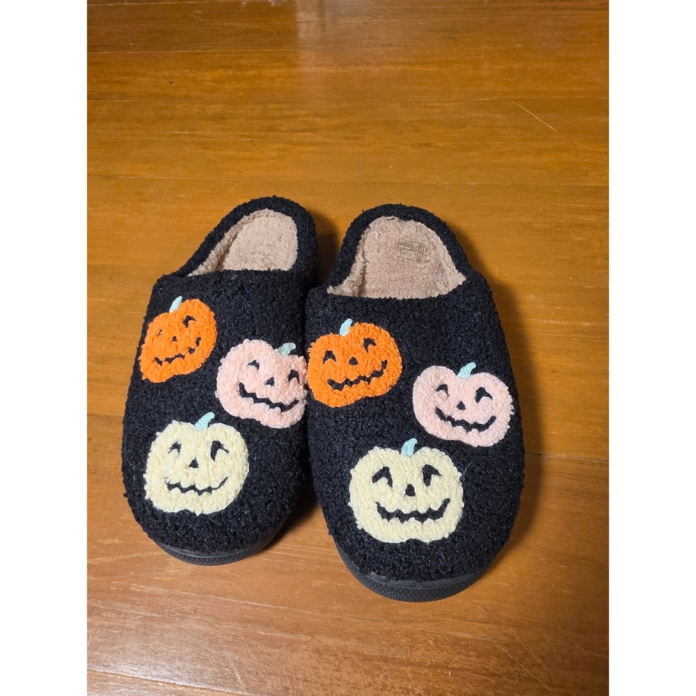 Halloween Pumpkin Sherpa Slippers Black Boucle Jack-O-Lantern House Shoes 42-43